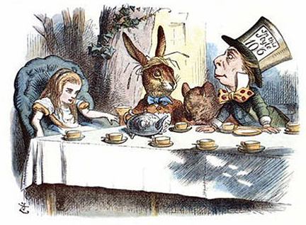 Alice in Wonderland with the Dormouse and the Mad Hatter at their tea party